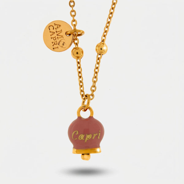 Collana in Acciaio con campanella pendente  rosa con scritta Capri - BYSIMON gioielli