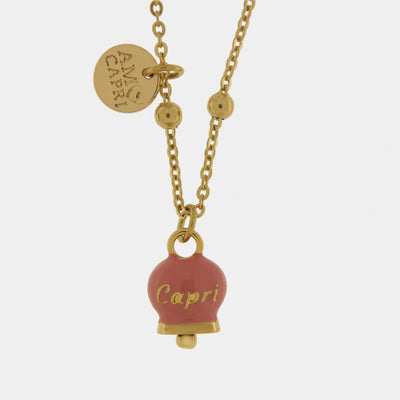 Collana in Acciaio con campanella pendente  rosa con scritta Capri - BYSIMON gioielli