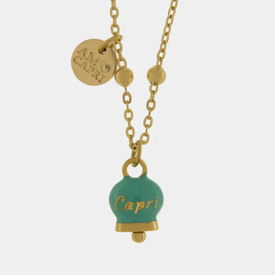 Collana in Acciaio con campanella pendente  verde con scritta Capri - BYSIMON gioielli