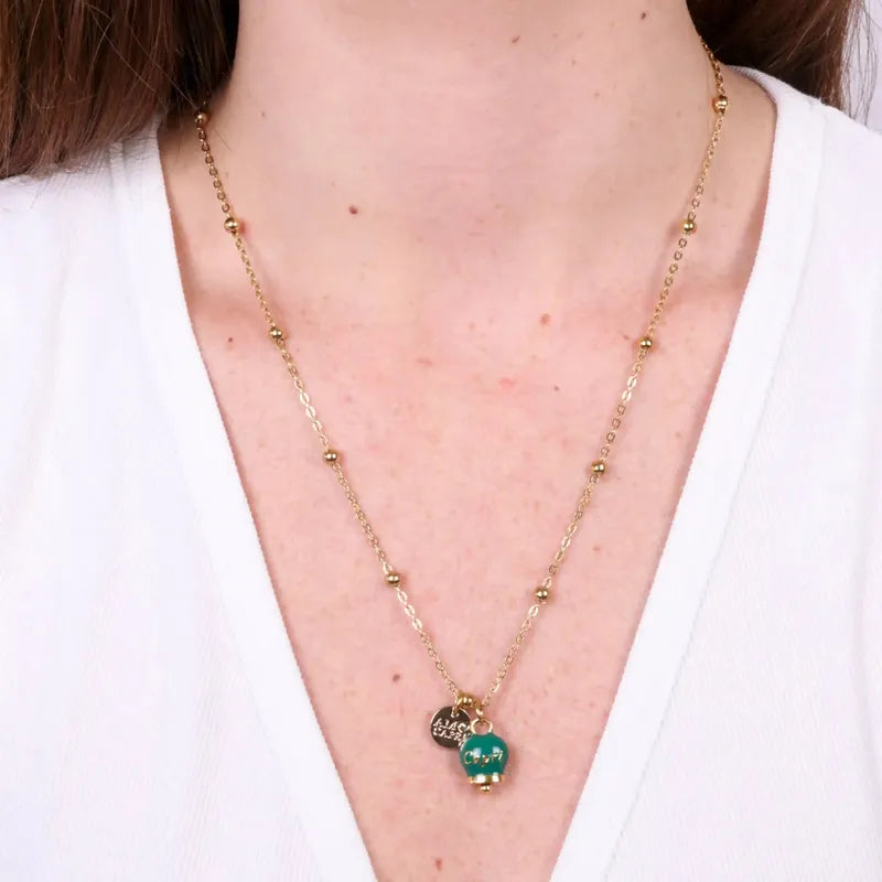 Collana in Acciaio con campanella pendente verde scuro con scritta Capri - BYSIMON gioielli