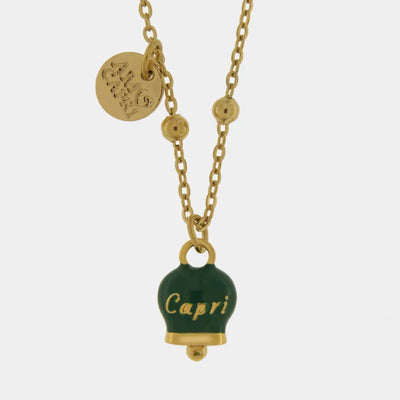 Collana in Acciaio con campanella pendente verde scuro con scritta Capri - BYSIMON gioielli
