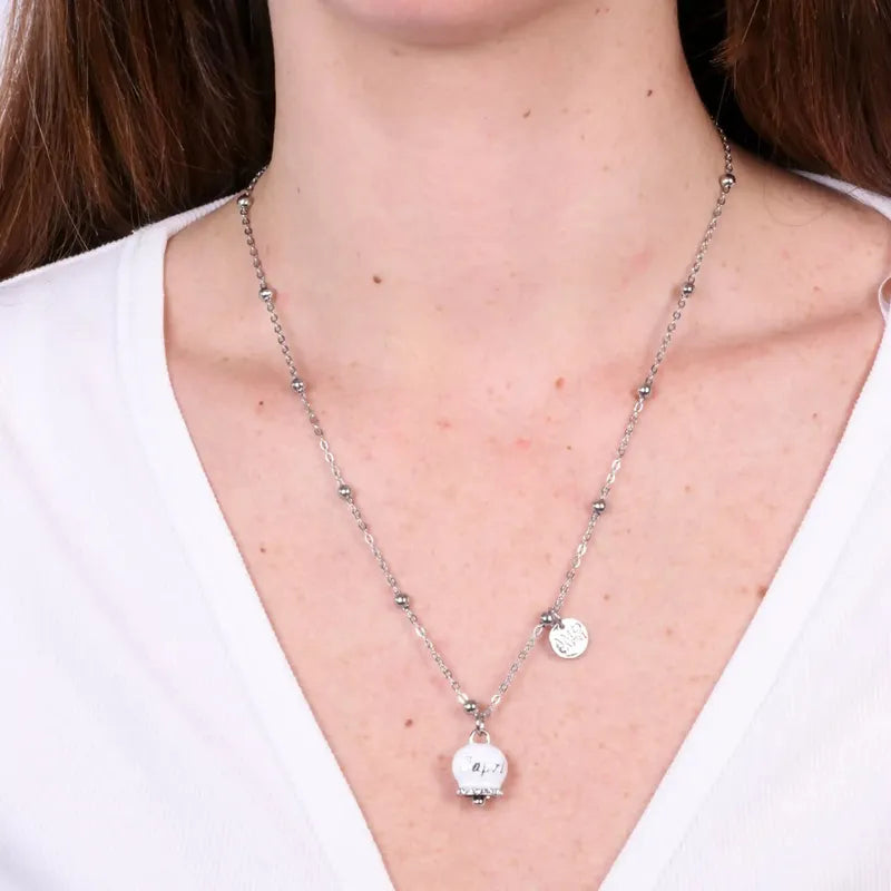 Collana in Acciaio con campanella  bianca con scritta Capri - BYSIMON gioielli