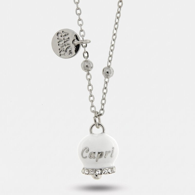 Collana in Acciaio Inossidabile con campanella bianca con scritta Capri | gioielli in acciaio inossidabile | BYSIMON