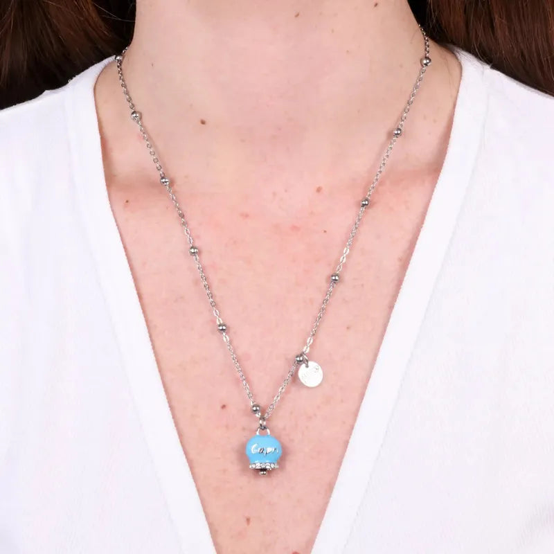 Collana in Acciaio con campanella pendente azzurra con scritta Capri - BYSIMON gioielli
