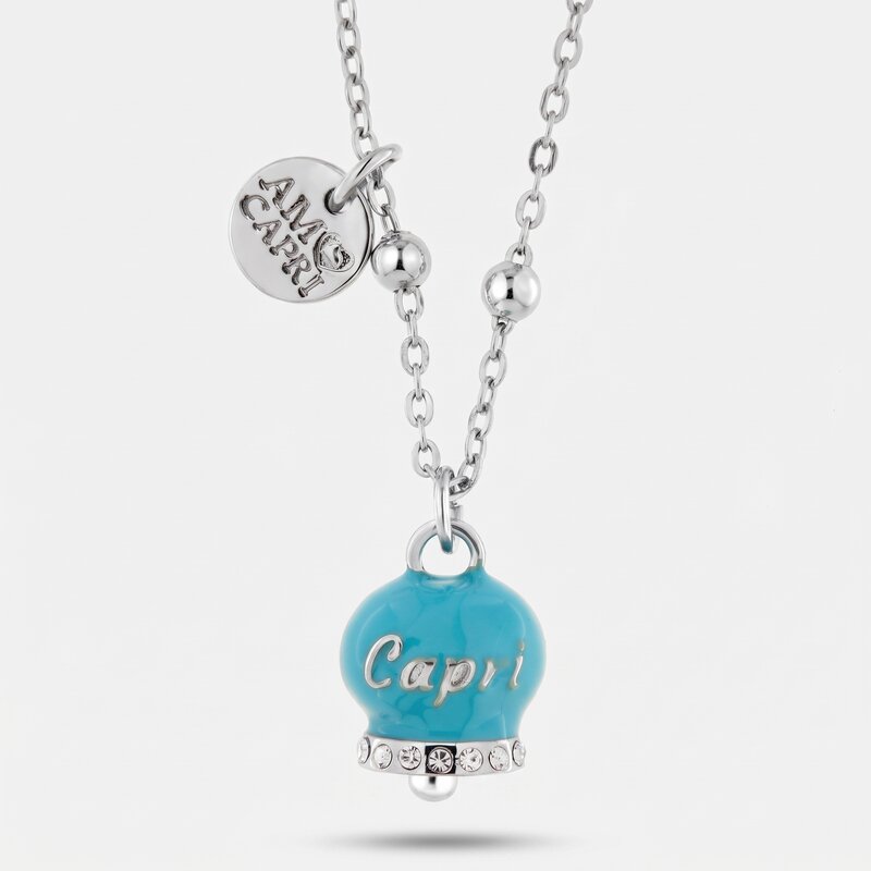 Collana in Acciaio con campanella pendente azzurra con scritta Capri | gioielli in acciaio | BYSIMON