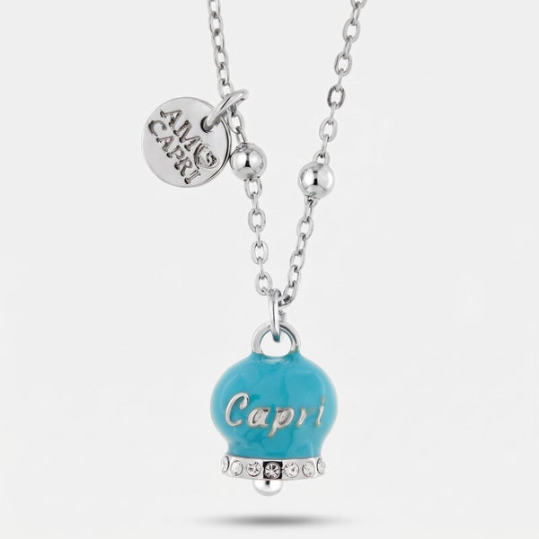 Collana in Acciaio con campanella pendente azzurra con scritta Capri | gioielli in acciaio | BYSIMON