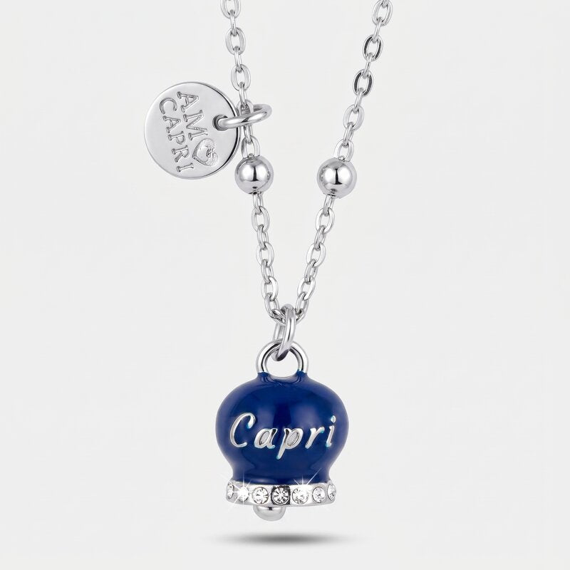 Collana in Acciaio con campanella  blu con scritta Capri - BYSIMON gioielli