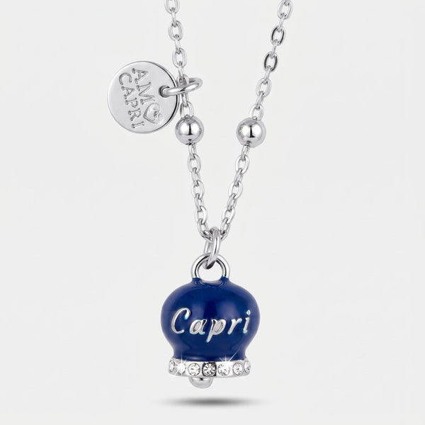 Collana in Acciaio con campanella  blu con scritta Capri - BYSIMON gioielli