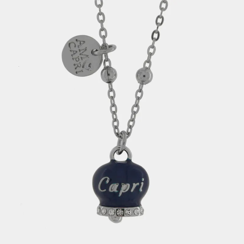 Collana in Acciaio con campanella  blu con scritta Capri - BYSIMON gioielli