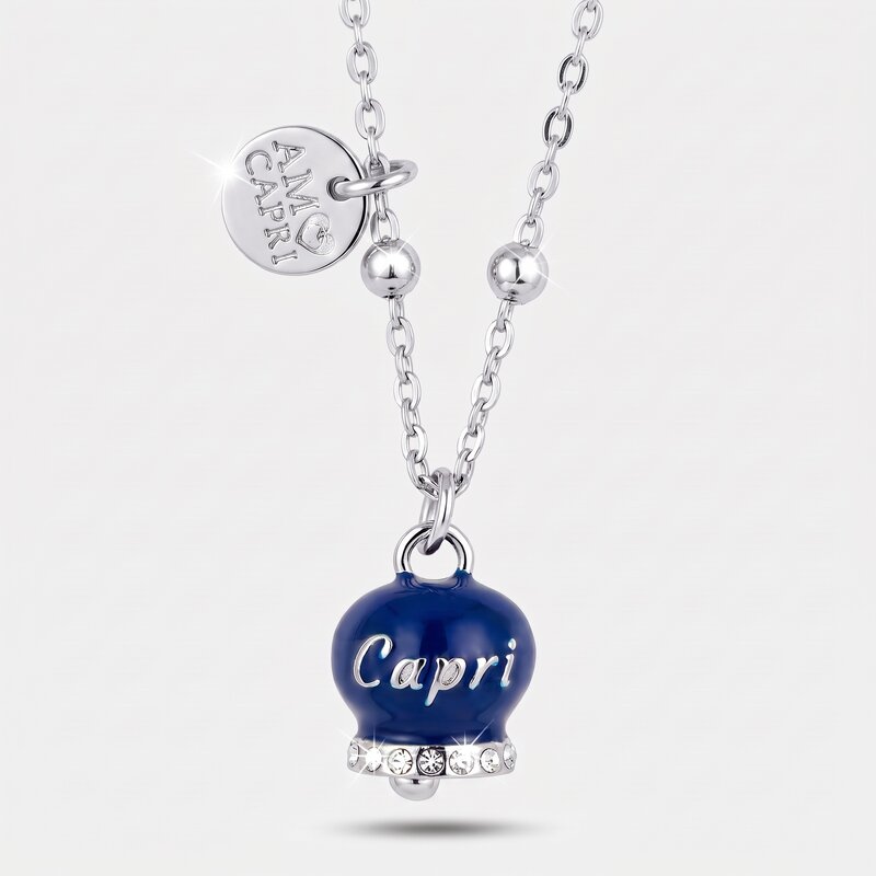 Collana in Acciaio con campanella  blu con scritta Capri - BYSIMON gioielli