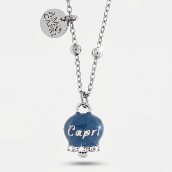 Collana in Acciaio con campanella  blu cobalto con scritta Capri - BYSIMON gioielli