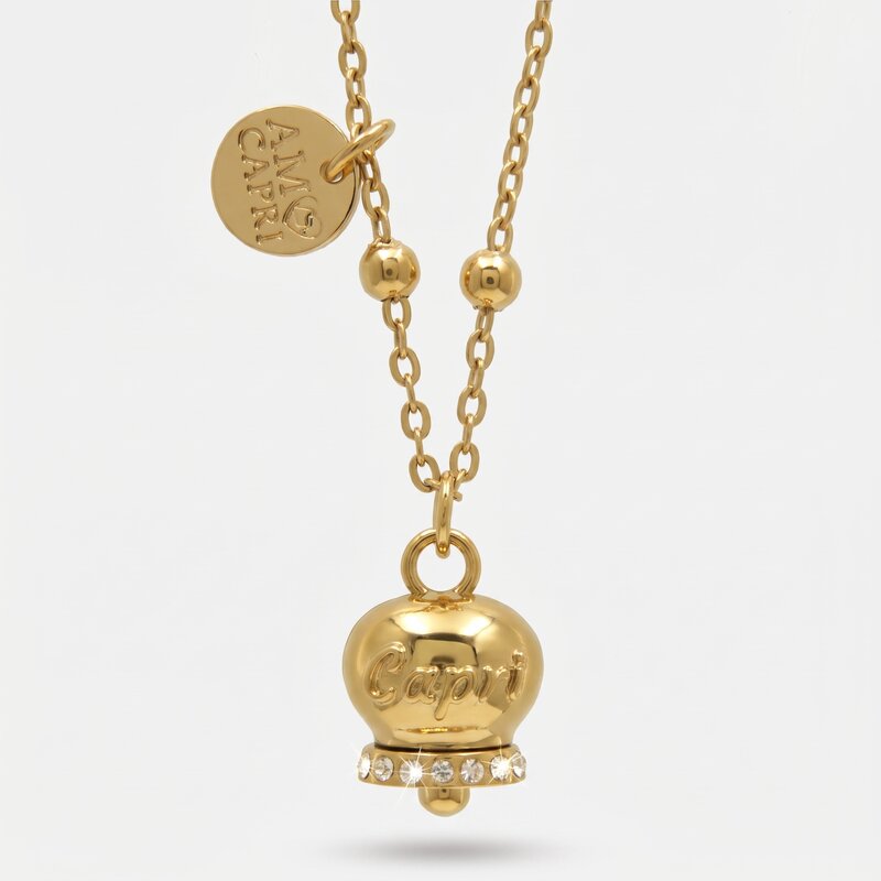 Collana in Acciaio con campanella  placcata oro   con scritta Capri - BYSIMON gioielli