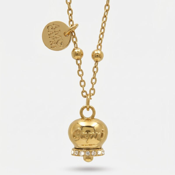 Collana in Acciaio con campanella  placcata oro   con scritta Capri - BYSIMON gioielli