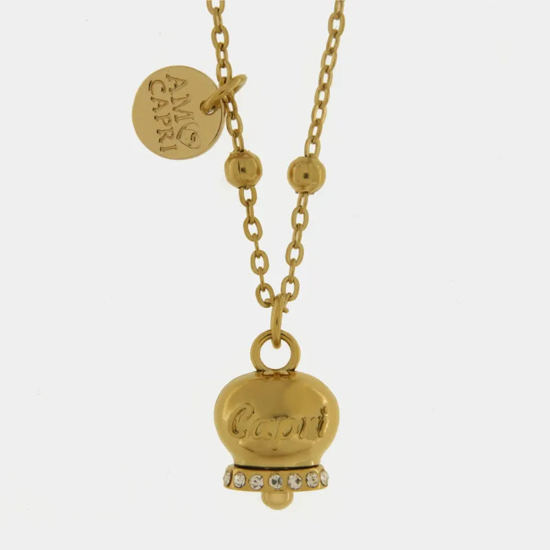 Collana in Acciaio con campanella  placcata oro   con scritta Capri - BYSIMON gioielli