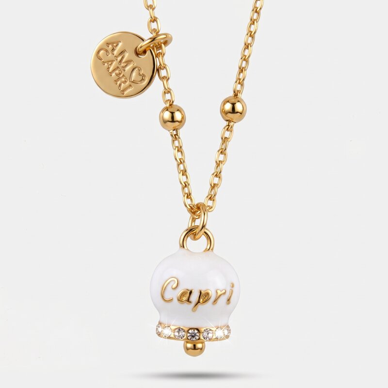 Collana in Acciaio con campanella bianca e oro con scritta Capri | gioielli in acciaio | BYSIMON