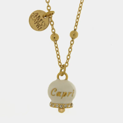 Collana in Acciaio Inossidabile con campanella bianca e oro con scritta Capri | gioielli in acciaio inossidabile | BYSIMON