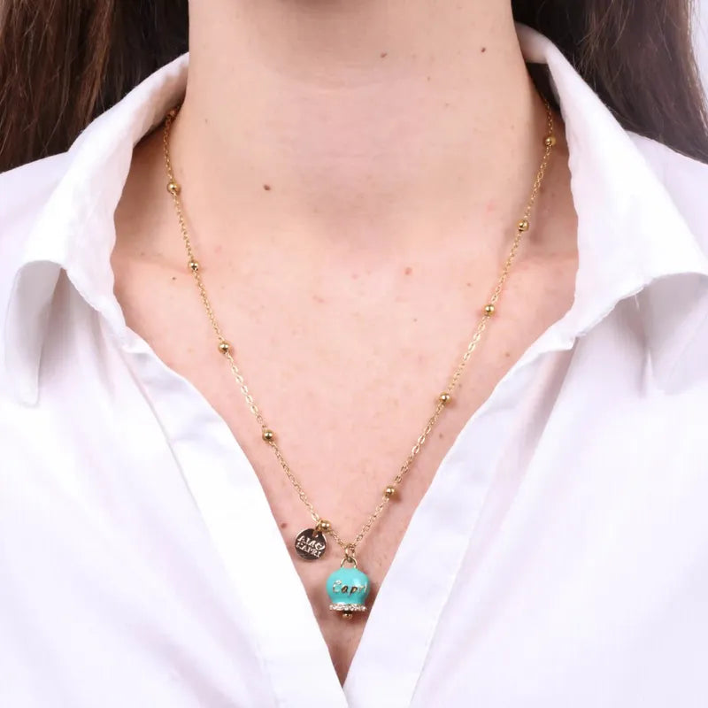 Collana in Acciaio con campanella  verde con scritta Capri - BYSIMON gioielli