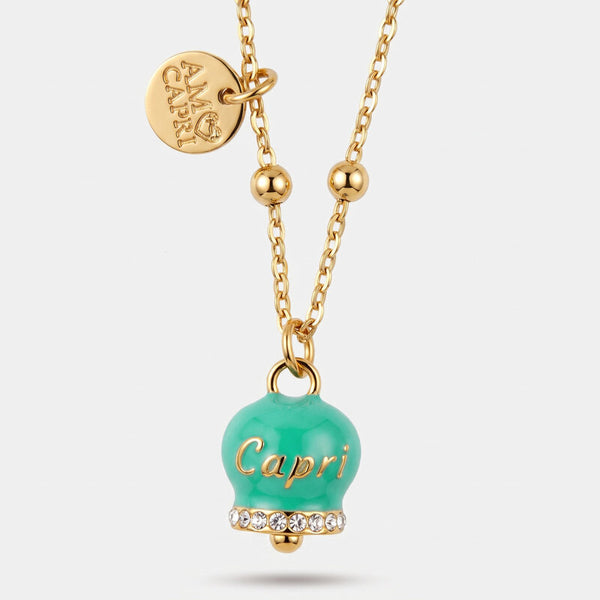 Collana in Acciaio con campanella  verde con scritta Capri - BYSIMON gioielli