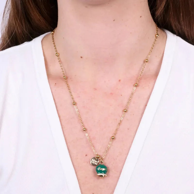Collana in Acciaio con campanella verde scura con scritta Capri - BYSIMON gioielli