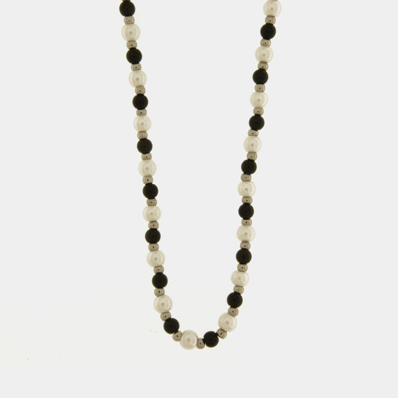Collana in Acciaio con giro di perle e sfere nere - BYSIMON gioielli