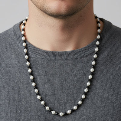 Collana in Acciaio con giro di perle e sfere nere - BYSIMON gioielli