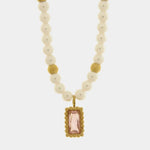 Collana in Acciaio con giro di perle e cristallo rettangolare rosa - BYSIMON gioielli