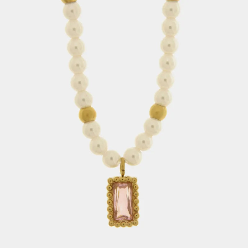 Collana in Acciaio con giro di perle e cristallo rettangolare rosa - BYSIMON gioielli