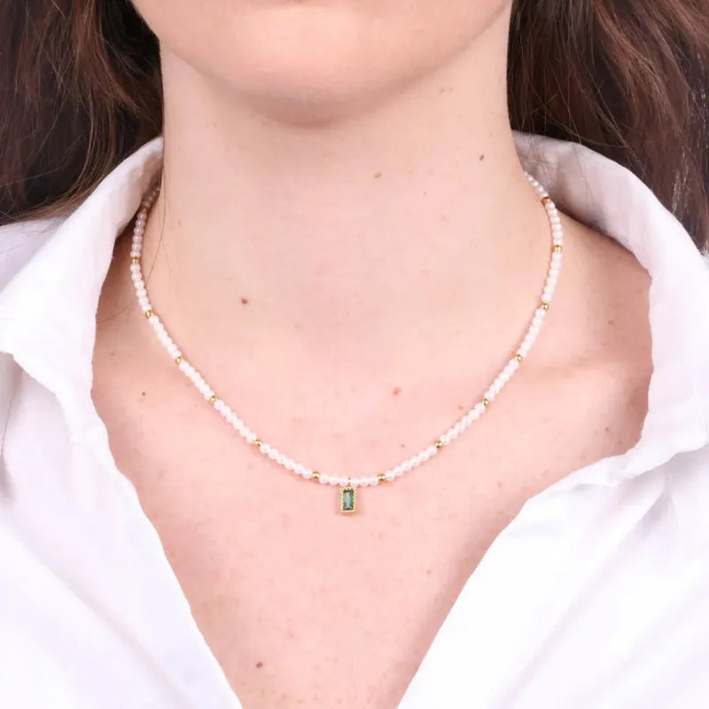 Collana in Acciaio con giro di perle e cristallo rettangolare verde COEUR - gioiello BySimon