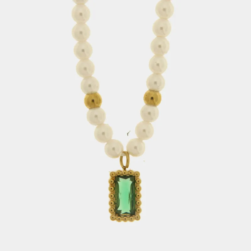 Collana in Acciaio con giro di perle e cristallo rettangolare verde COEUR - gioiello BySimon