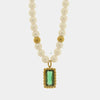 Collana in Acciaio con giro di perle e cristallo rettangolare verde