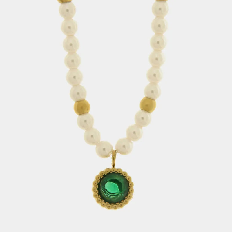 Collana in Acciaio con giro di perle e cristallo verde