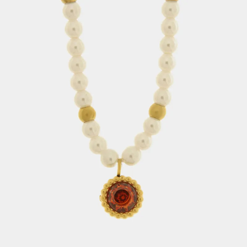 Collana in Acciaio con giro di perle e cristallo rosso - BYSIMON gioielli