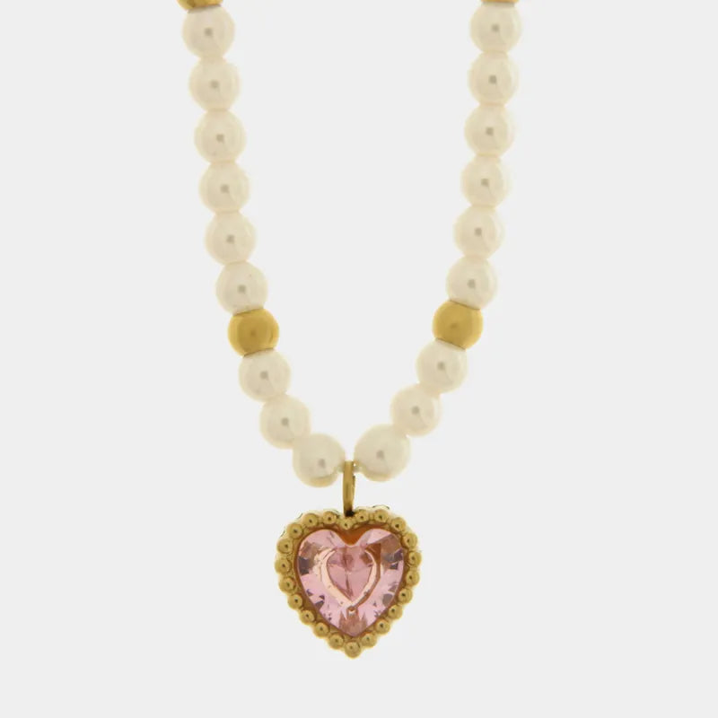 Collana in Acciaio con giro di perle e cuore rosa