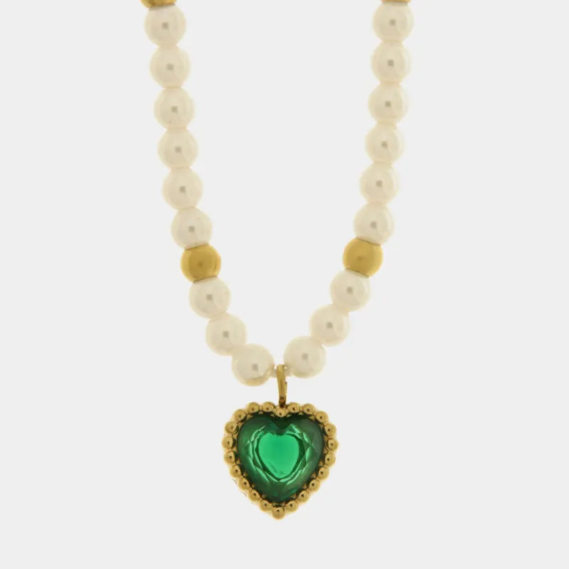 Collana in Acciaio con giro di perle e cuore verde