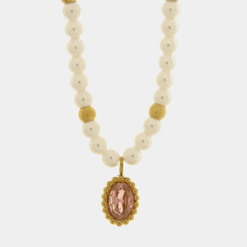 Collana in Acciaio con giro di perle e cristallo ovale rosa - BYSIMON gioielli