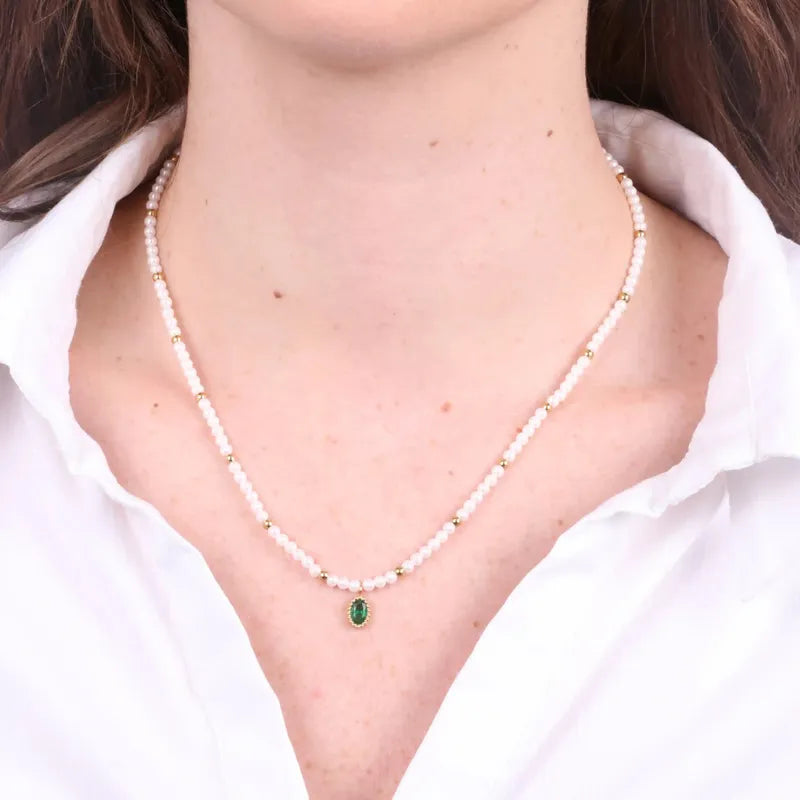 Collana in Acciaio con giro di perle e cristallo ovale verde COEUR - gioiello BySimon