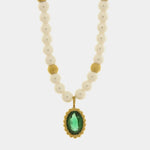 Collana in Acciaio con giro di perle e cristallo ovale verde COEUR - gioiello BySimon