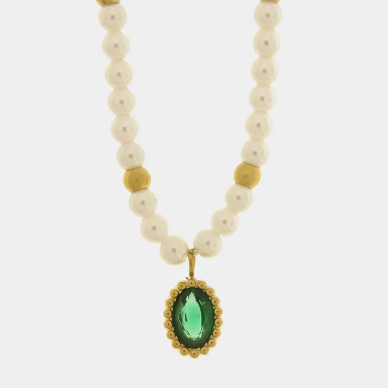 Collana in Acciaio con giro di perle e cristallo ovale verde COEUR - gioiello BySimon
