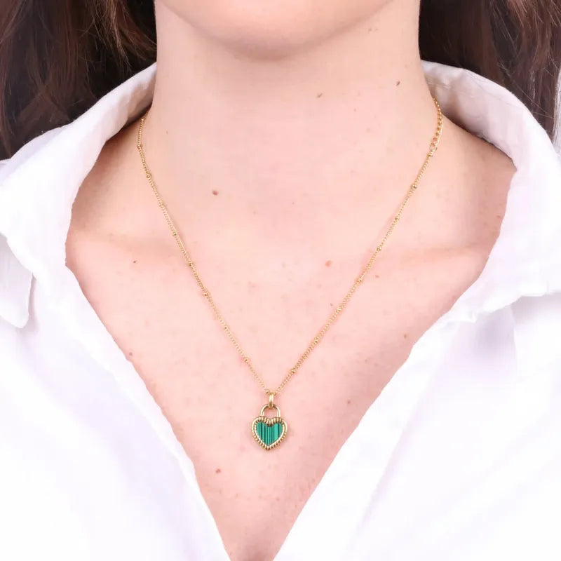 Collana in Acciaio lucchetto a forma di cuore verde