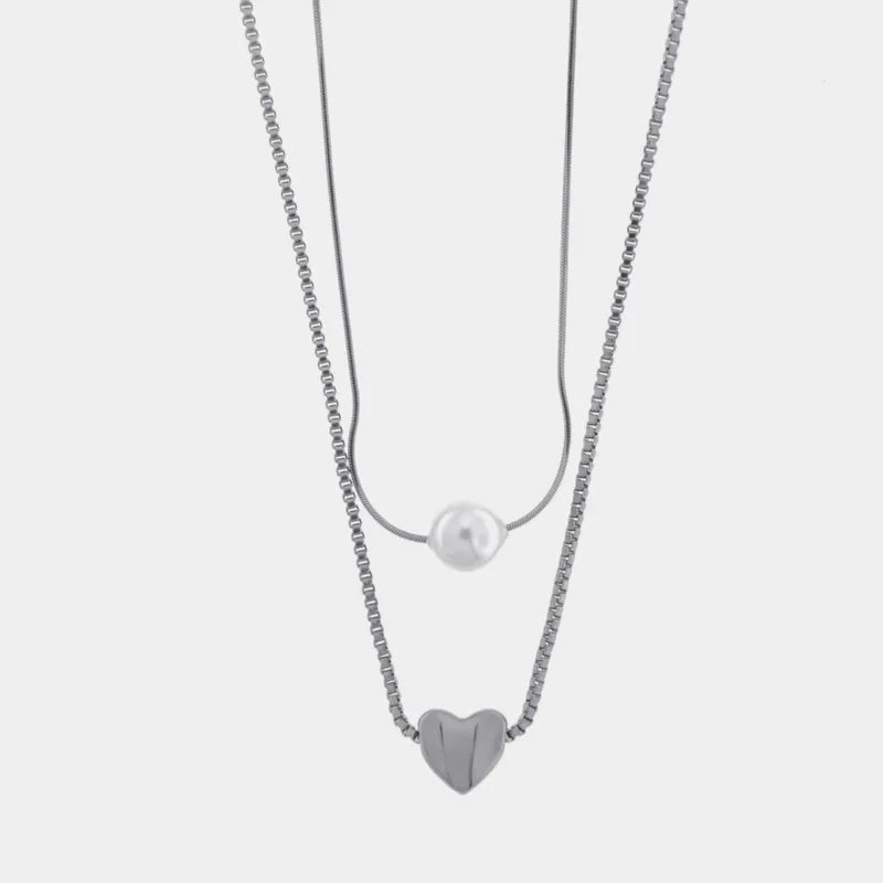 Collana in Acciaio doppia catena con perla e cuore