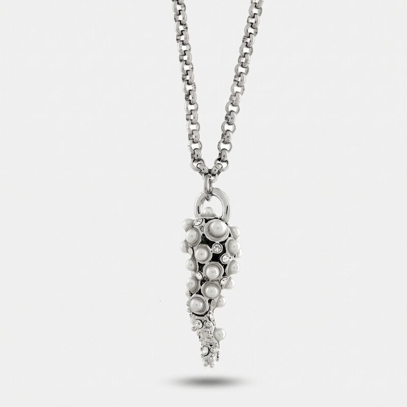 Collana in Acciaio con cornetto pendente e sfere bianche - BYSIMON gioielli
