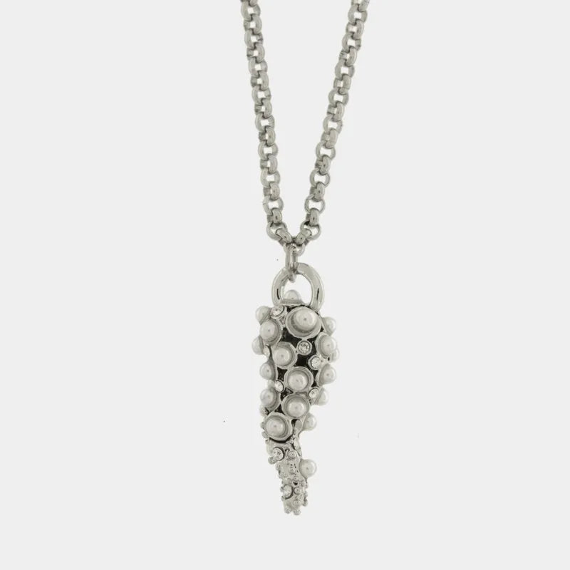 Collana in Acciaio con cornetto pendente e sfere bianche