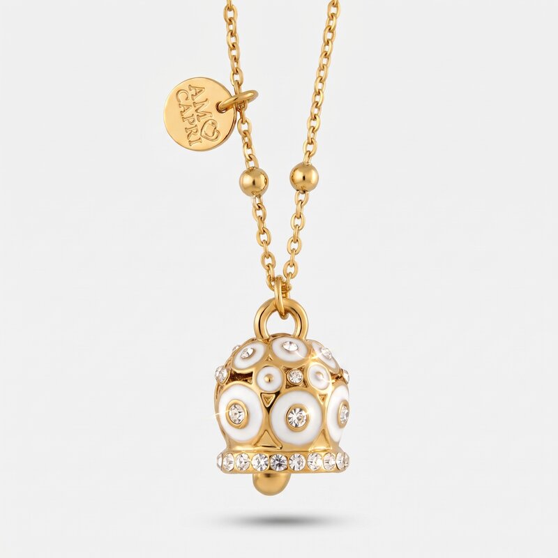 Collana in Acciaio Inossidabile campanella a pois bianchi e zirconi | gioielli in acciaio inossidabile | BYSIMON