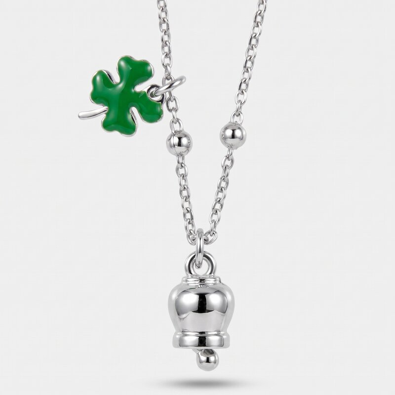 Collana in Acciaio con quadrifoglio pendente in smalto verde e campanella - BYSIMON gioielli