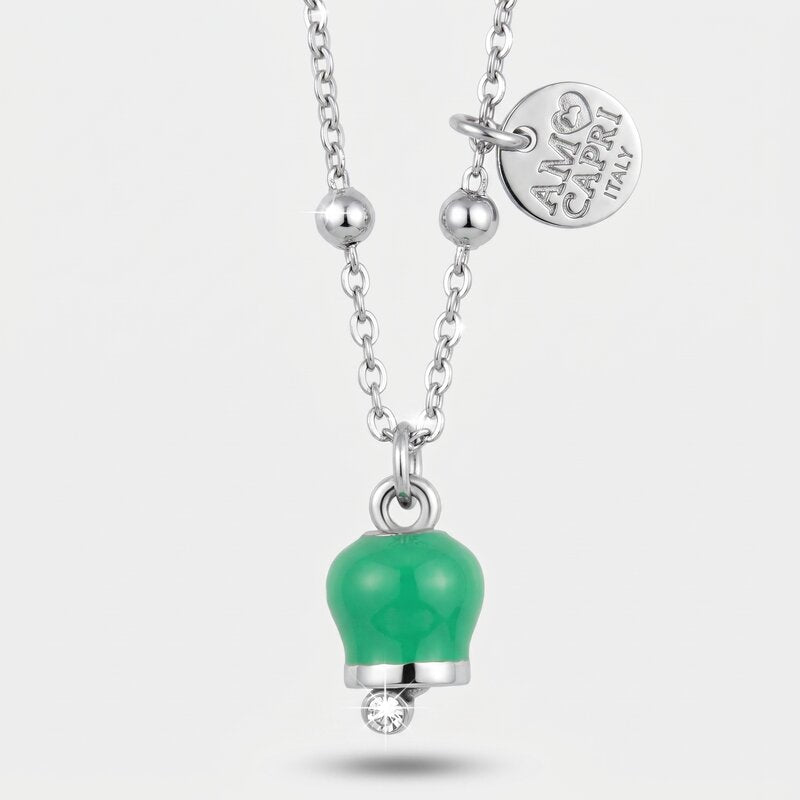 Collana in Acciaio con campanella verde acqua, impreziosita da punto luce - BYSIMON gioielli