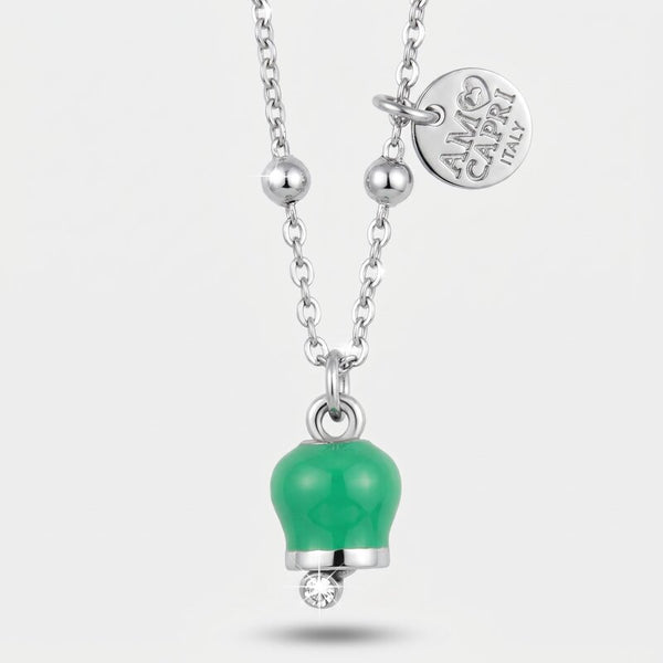 Collana in Acciaio con campanella verde acqua, impreziosita da punto luce - BYSIMON gioielli