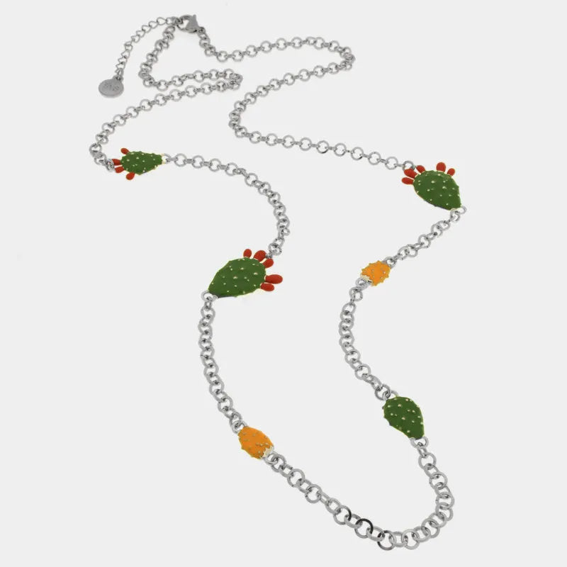 Collana in Acciaio maglia rolò, con fichi d'india di Sicilia, impreziositi da smalti colorati - BYSIMON gioielli