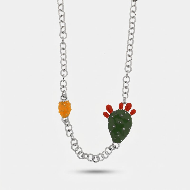 Collana in Acciaio maglia rolò, con fichi d'india di Sicilia, impreziositi da smalti colorati - BYSIMON gioielli