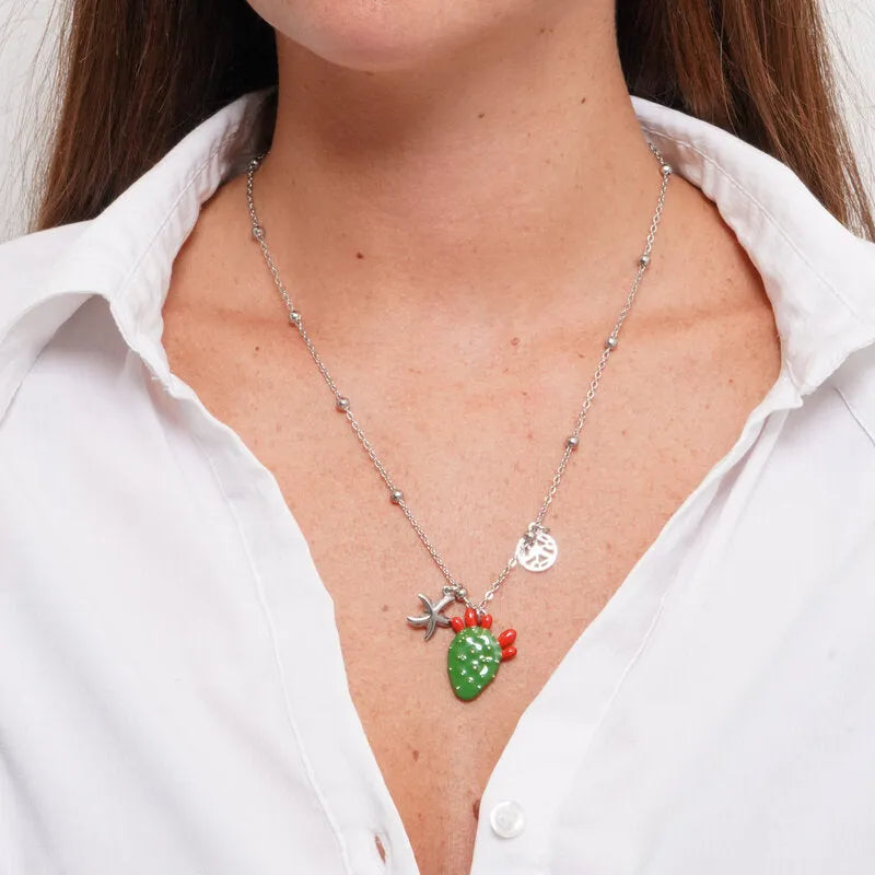 Collana in Acciaio con cactus pendente e charm siciliani - BYSIMON gioielli