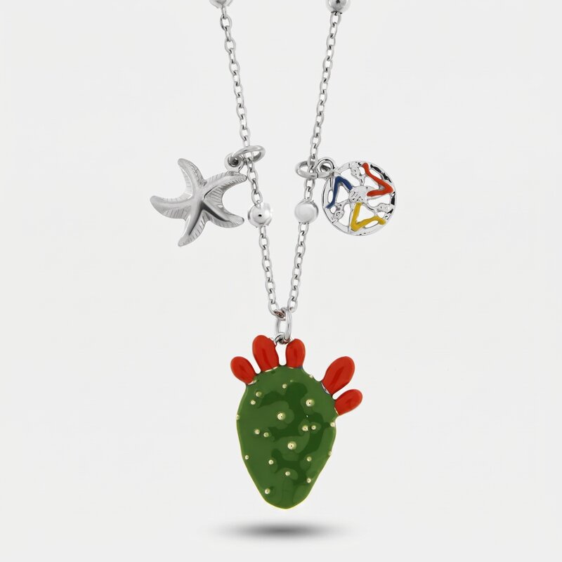 Collana in Acciaio con cactus pendente e charm siciliani - BYSIMON gioielli